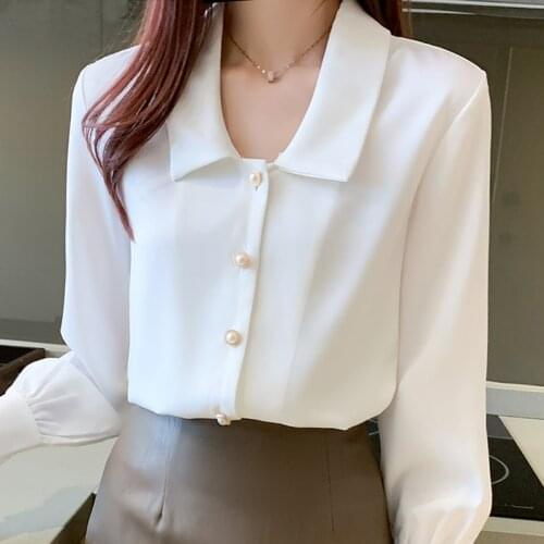 Autumn Long Sleeve Office White Blouse Shirt Blouse Women Blusas Mujer De Moda 2021 Turn Down Collar Chiffon Blouse Tops D662