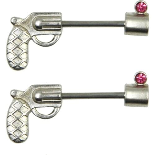 PAIR Stainless Steel Rose Gem Gun Nipple Ring Barbell Shield Piercing Sexy Nipple Bar Body Jewelry 14g