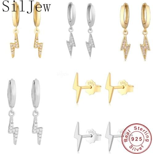 SilJew High Quality Women 925 Sterling Silver Gold Baroque Zircon Crystals Lightning Hoops EarringsFor Women Jewelry