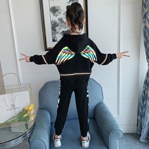 Black Sports Suit Sets For Girls and Boys Reflective Wing Print Hooded Sweatshirt Coats Letter Pants Outfits Autumn Kids Clothes