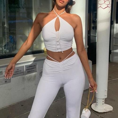 Casual Sexy Sport Tracksuits Women Slim Fitness Two Pieces Solid Halter Crop Tops High Waist Pants Stretch Street Clothes Summer