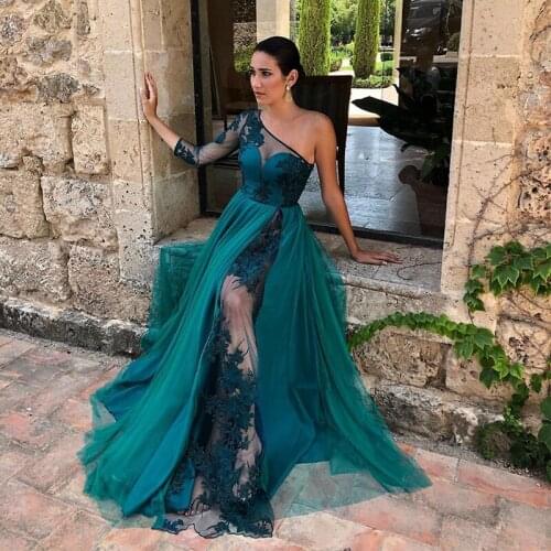 SuperKimJo Robes Hunter Green Prom Dresses Long One Shoulder Cheap Sexy Prom Gowns Vestidos De Fiesta De Noche Largos Elegantes