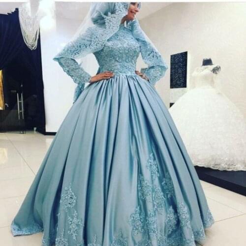 Blue Arab Saudi Arabia Muslim Wedding Dresses Long Sleeve satin Beading Ball gown Bridal Gowns wedding gown Vestido de noiva