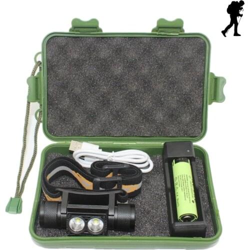 2000 Lumen LED Headlight 2x XM-L2 USB rechargeable Headlamp dimming flashlight Head lamp + 18650 Battery + USB Charger
