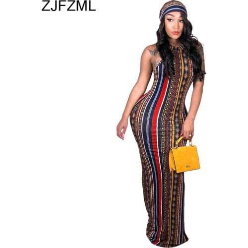 ZJFZML Striped Printed Vintage Bohemian Dress Women O Neck Sleeveless Plus Size Dress Casual Vocation Maxi Dress With Head Scarf