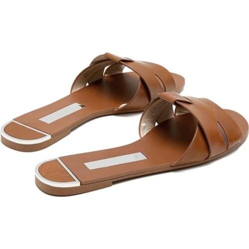 ZA Sandals Womens Flat Bottom 2020 Summer New Leather Cross Decoration Flat-Heeled Womens Sandals Wine Red Lazy Slippers Women