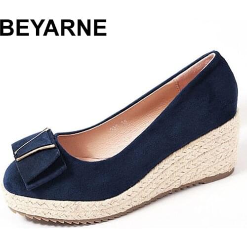 BEYARNE 2021Womens Bow Same Suede Wedge Single Shoes Womens Shallow Mouth Espadrilles Spring and Autumn New Sandals High Heels