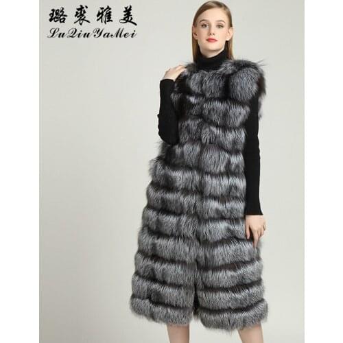 X-Long Natural Silver Fox real Fur Vests for Women Winter 2020 New Brand Coat Sleeveless Jackets 110cm winter Fashion Warm
