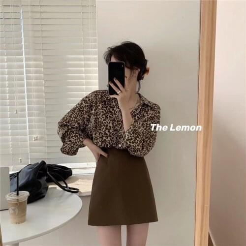 Leopard shirt set womens autumn 2020 new loose port design sense shirt miniskirt two-piece set