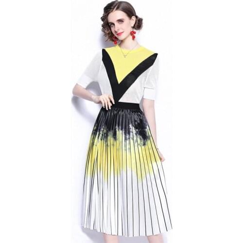 2021 summer Two Piece Set Elegant Striped Knitted Pullover T-Shirt Top + High waist Pleated Long Skirts Suits Summer Outfits