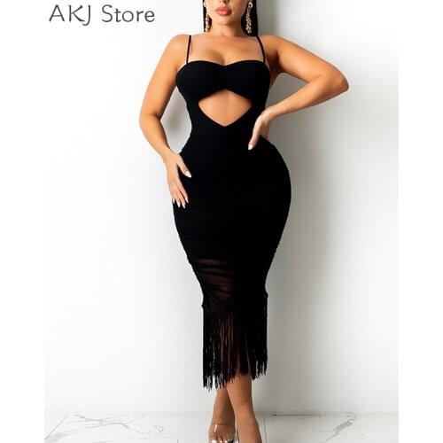 Women Solid Color Hollow Ruched Tassels Hem Bodycon Cami Dress Sleeveless Backless Midi Dress