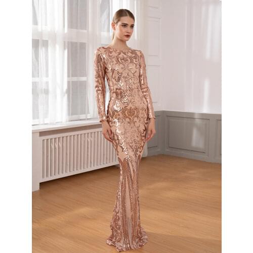 Gold Elegant Sequined Vestido Full Sleeved Party Dress Floor Length Bodycon Maxi Dress Evening Gown