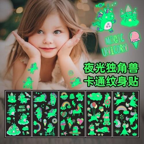 5pcs Cute Luminous Unicorn Temporary Tattoos for Children Waterproof Fake Tatto Stickers Arm Wirst Body Art Animal Flash Decals
