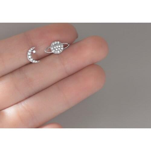 Asymmetry Earrings Authentic Real 100% 925 Sterling Silver fine Jewelry Mini CZ Set Moon Star ear Stud Earrings C-G5008