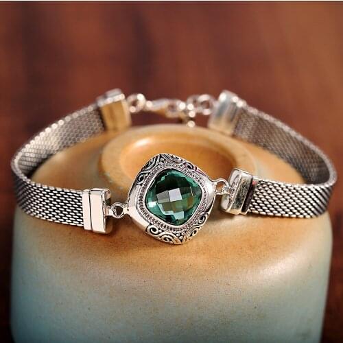 Real s925 silver inlaid green crystal geometric bracelet fashion retro womens bracelet new style