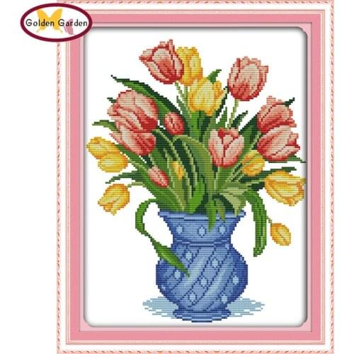 GG Tulip Vase Pattern Cross Stitch Embroidery Needlework Sets 11CT 14CT Handicraft Joy Sunday Cross Stitch Kits for Home Decor