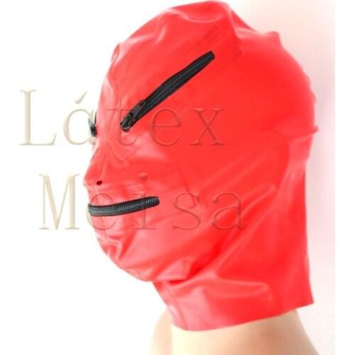 Eyes & mouth zipper design 100% handmade adults' red latex hood bondage with back zip decorations