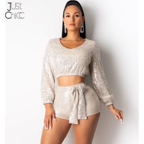 Justchicc Bodycon Party Rompers Women Jumpsuit Female Sexy O-neck Sequins Playsuit Sexy Overalls Long Sleeve Club Short Jumpsuit