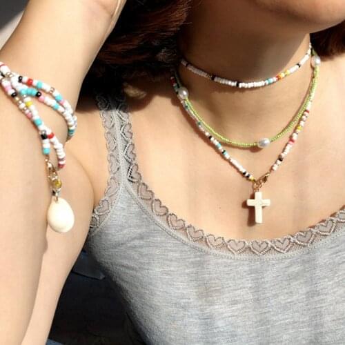 Cowrie Shell Choker Cross Colorful Beads Necklace for Women Long Chain Summer Beach Trendy Bohemian Bib Collier Femme 75cm