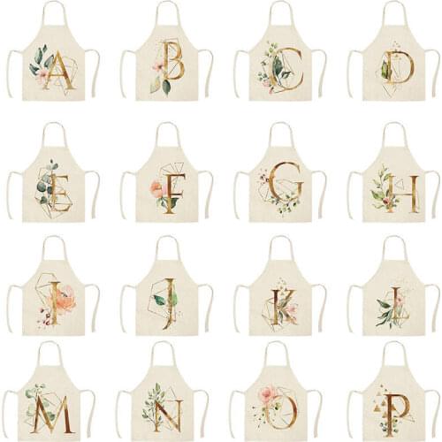 Gold Letter with flower Kitchen Apron For Woman Sleeveless Cotton Linen Aprons Cooking Home Cleaning ToolsJ922