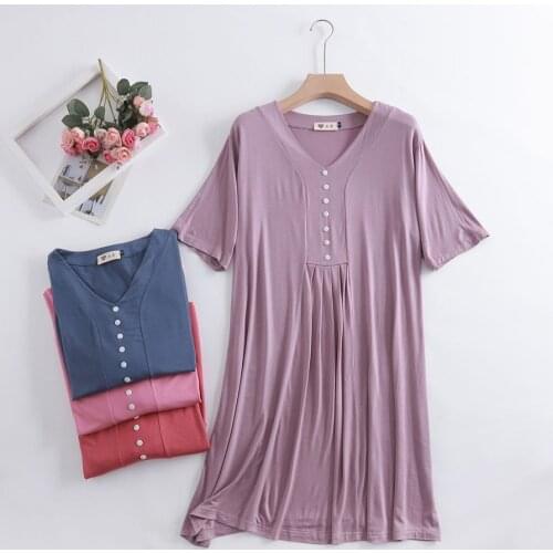 Summer New Short Sleeve Loose Nightdress Middle Aged Women V-Neck Modal Nightgown Mom Casual Home Dress Comfort Pajamas Pyjama
