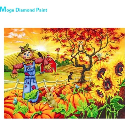 Cartoon Autumn Farm Diamond Painting Round Full Drill Scarecrow Sunflower Pumpkin DIY Mosaic Embroidery 5D Cross Stitch