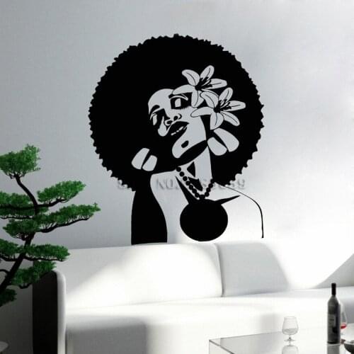 Sexy African Woman Wall Sticker Hairstyle Flowers In Hair Black Lady Decal Beauty Salon Wall Stickers Vinyl Art Home Decor LC488