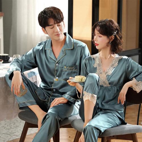 SLPBELY Couple Pajamas Set Nightwear Spring Faux Silk Lace V-Neck Elegant Long Sleeve Men Women Pyjamas Lover Sleepwear Homewear