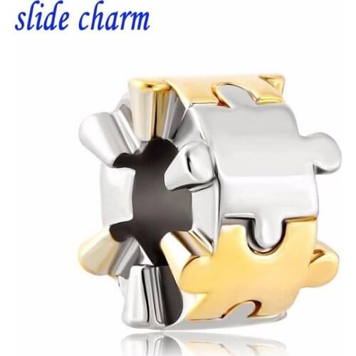 Slide charm Free shipping Two Puzzle Piece Charm Bracelet Spacer European Bead Bracelets Bead fit Pandora charm bracelet