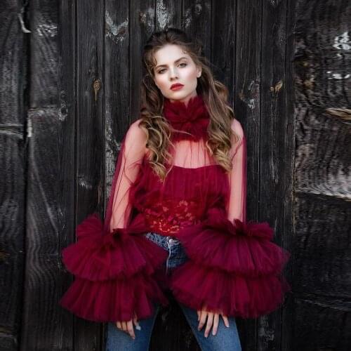 Chic Ruffled Tulle Tops for Women See Through Tiers Tulle Blouse Shirt Long Sleeves High Neck Burgundy Party Night Wear Top