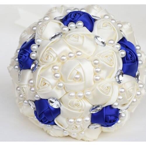 Bridal Wedding Bouquets Pearls Crystal Ivory Royal Blue Silk Wedding Flowers Bridal Glitter Bouquet Simple Buque Noiva Gift W234