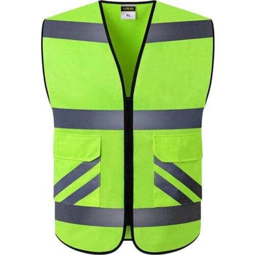 Reflective Safety Vest, Bright Neon Yellow Color with Reflective Strips - Zipper Front Style-A