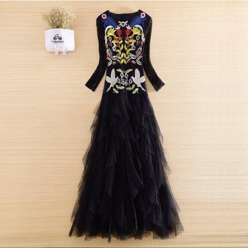 High-end spring Mesh Dress Ethnic Style Retro Elegant Embroidery Slim O-neck Long Sleeve Party Dress S-XL