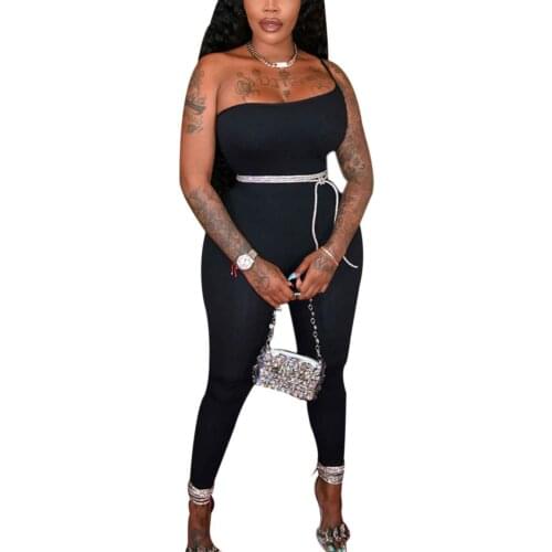 Women Solid Color Close-fitting Jumpsuit Boat Neck Sleeveless Sexy Overalls Black/ Light Grey/ Brown