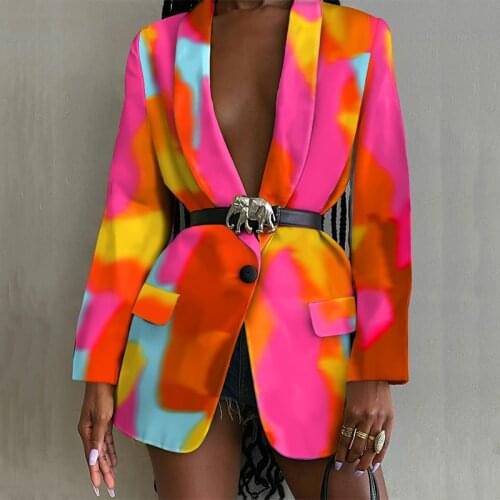 Women Cardigan Vintage Pattern Colorful Printed Blazer Coats Office Lady Fashion Button Suits Autumn Turn-down Collar Outerwear