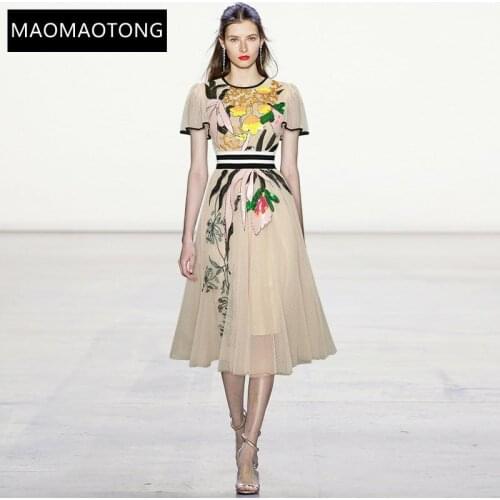 New 2021 Fashion Runway Summer Vintage Party Dress Women Short Sleeve Elastic Waist Sequins Embroidered Mesh Midi Dress