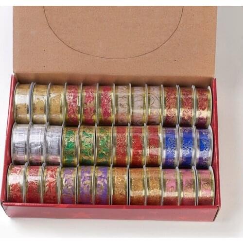 36Roll/lot Printing Organza Ribbon 1"(25mm), Wire Wraped, For Christmas, Mixed Color,3yards/roll(2.74m/roll) F80