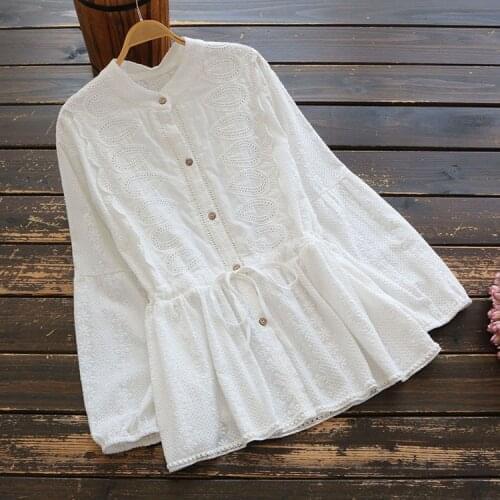 5844 Summer Women Tops Japan Style Literary Retro Hollow Embroidery Shirt Women Stand Collar Long Sleeve Cotton Blouse Shirts