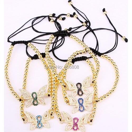 6PCS ZYZ-B7192 CZ Butterfly Chain Charm bracelet 4mm Copper Braiding Women Macrame Bracelet CZ Jewelry