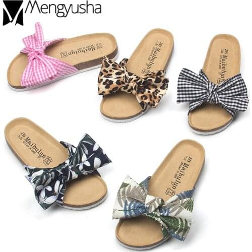 Bohemian flower print cork sandals women plaid bow flip flops sexy leopard cork slippers women slides beach sandalias mujer c920