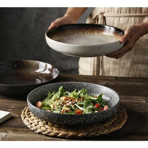 Deep Round Plates Creative Ceramic Plates Household Dishes Retro Porcelain Plates Salad Bowl Tableware Plates Cute Plate