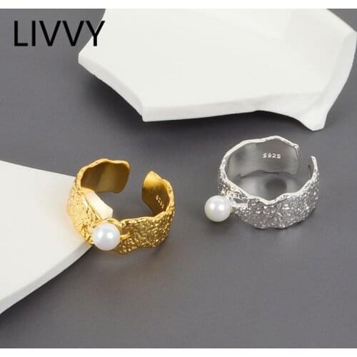 LIVVY Silver Color Korean Simple Classic Pearl Wide Ring For Women Couple Trendy Handmade Fashion Jewelry Gifts Adjustable