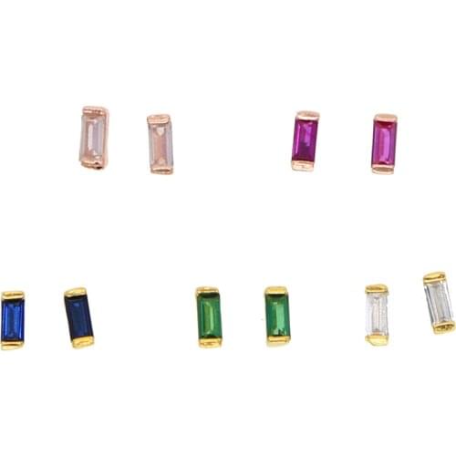 Tiny delicate gold filled girl jewelry single stone baguette cubic zirconia studs 925 sterling silver minimalist cz earring