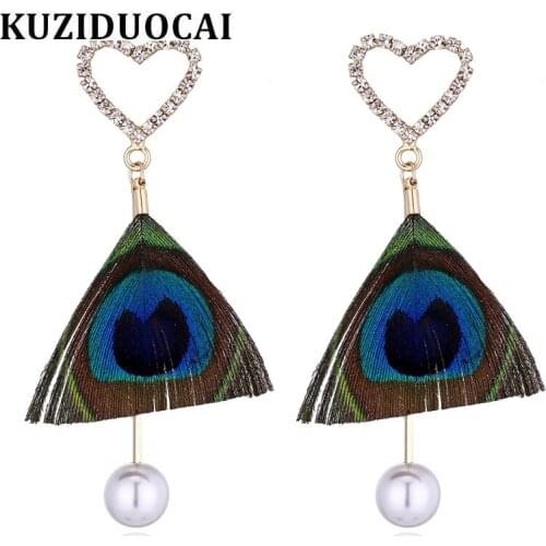 Kuziduocai New Fashion Jewelry Copper Natural Peacock Feathers Pearl Love Zircon Heart Tassel Earrings For Women Pendientes E-63