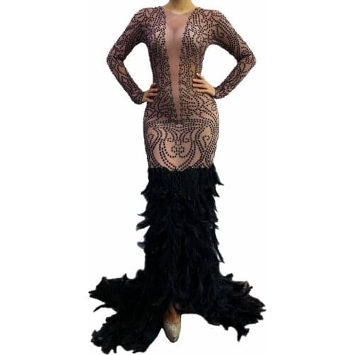 Fashion Women Dancer Singer Prom Dresses Black Rhinestone Feather Train Transparent Long Dress Birthday Celebrate Mesh Outfit