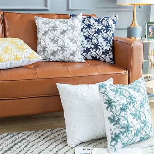 Leaves Embroidery Cushion Cover Home Decoration Linen Cotton Beige Yellow Grey Navy 3D Flowers Pillow Cover 45x45cm Pillow