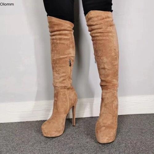 Olomm 2019 Handmade Women Platform Knee High Boots Thin High Heels Boots Round Toe Charm Camel Shoes For Women Plus US Size 5-15