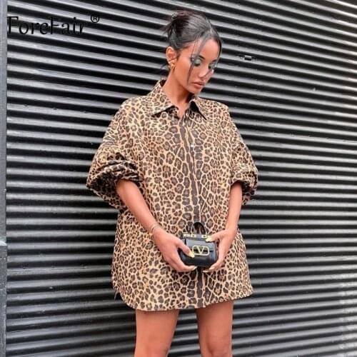 Forefair Leopard Print Turn Down Collar 2021 Autumn Coat Fashion Women Pocket Casual Loose Top Drop Shoulder Botton Woman Jacket
