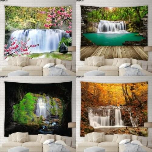 Landscape Scenery Tapestry Forest Waterfall Flower Stone Brick Wall Background Wall Hanging Cloth Living Room Bedroom Home Decor