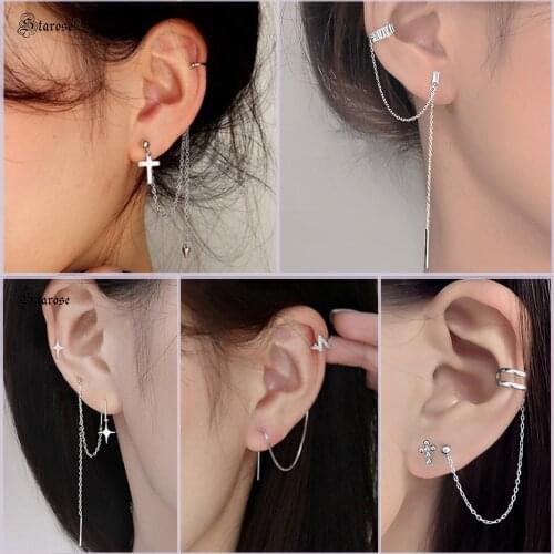Starose Silver Color Heartbeat Cross Chain Earring Line Drop Fake Helix Piercing Ear Cuff Tassel Piercing Earring Party Jewelry
